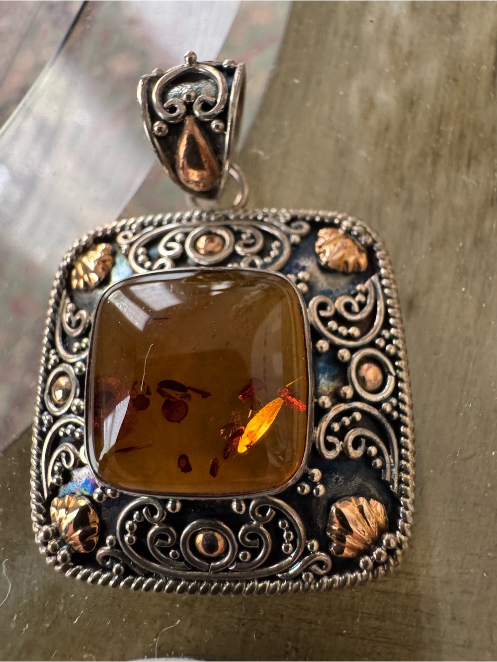 18K and Sterling Silver Amber Square Indonesian Pendant - 1 1/2”